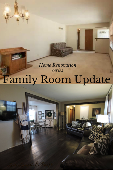 Before and after photo. Home decor before and after. Family room before and afters. Dark wood floors. Neutral family room.
