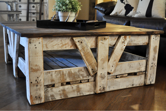 DIY coffee table made from a giant tile crate. Perfect rustic coffee table and so easy to make!