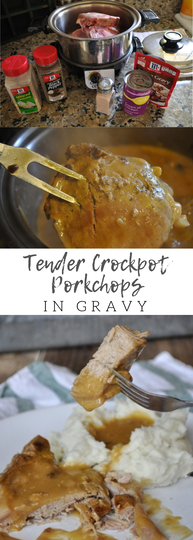 Tender juicy crockpot pork chops in gravy make an excellent weeknight dinner with no fuss